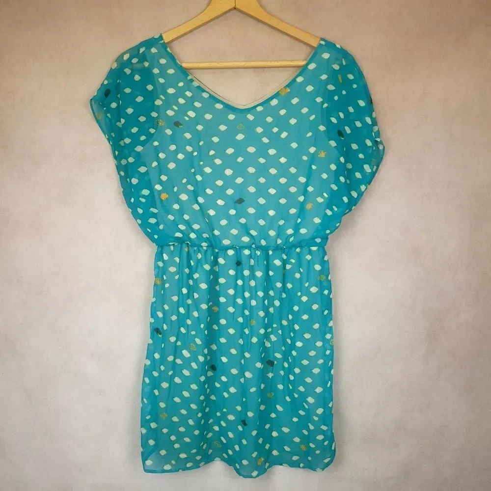Lush Teal Blouson Dress Shoet Sleeve Geometric Print Size Med